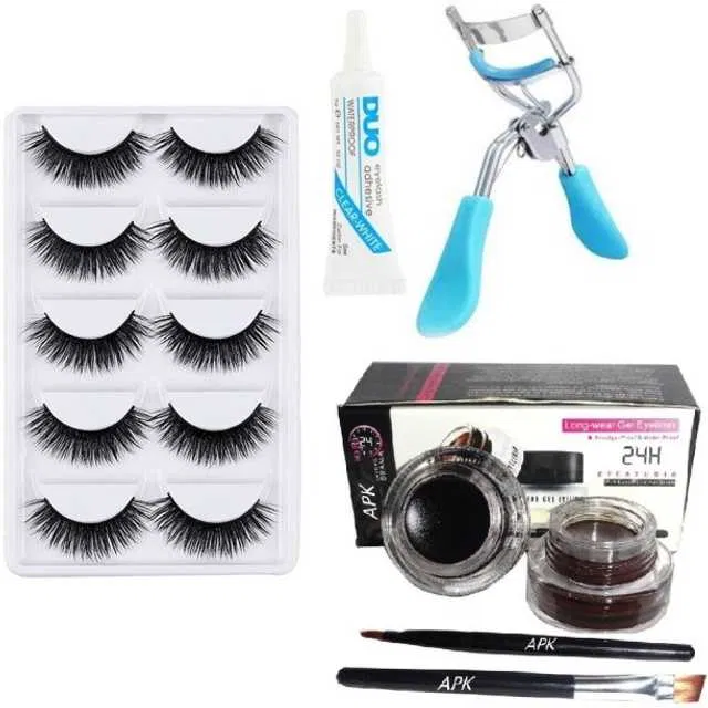 Lenon 5 Pair Eyelash Glue Curler Gel Eyeliner Black and Brown (Pack of 10) (S-103)