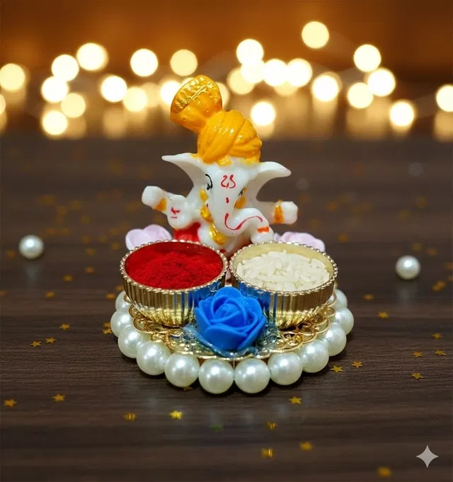 Metal Decorative Ganpati Haldi Kumkum Stand with 2 Roli Chawal Holder, Multicolor