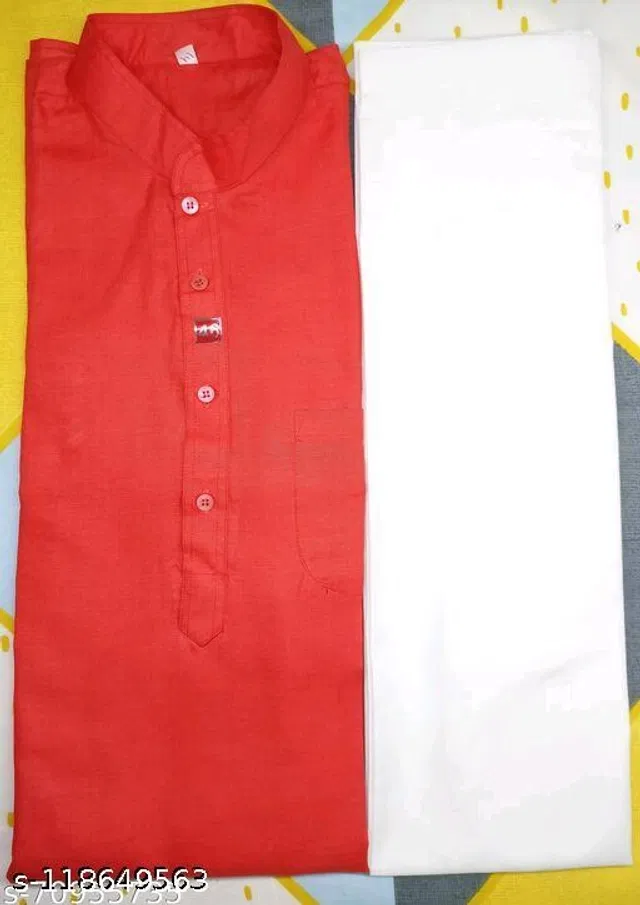 Cotton Solid Kurta with Pyjama for Men (Red & White, L)
