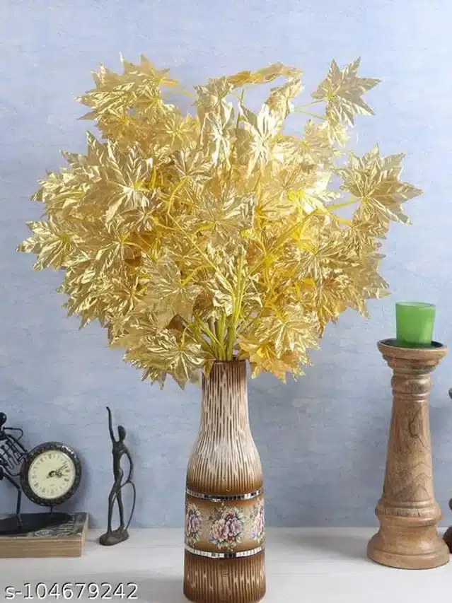 Polyester Artificial Maple Leaves Bunch (Gold, Pack of 4)