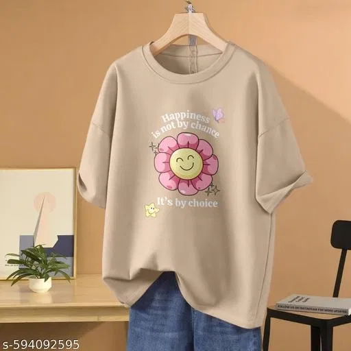 Cotton Blend Printed T-shirt for Women, Beige (XL)