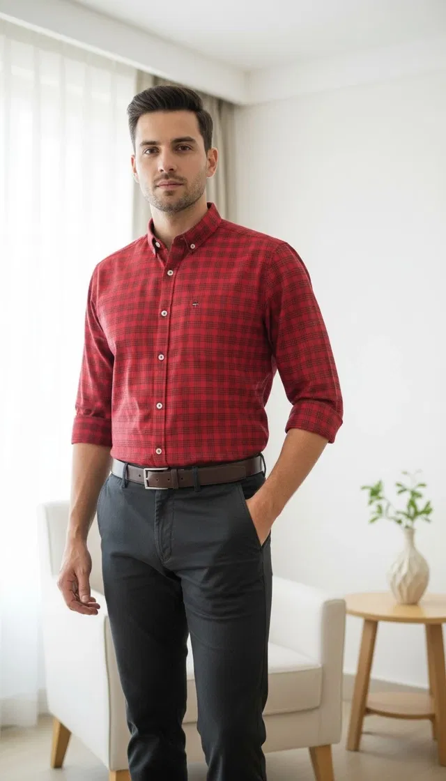 Cotton Checkered Shirt for Men, Red (M)