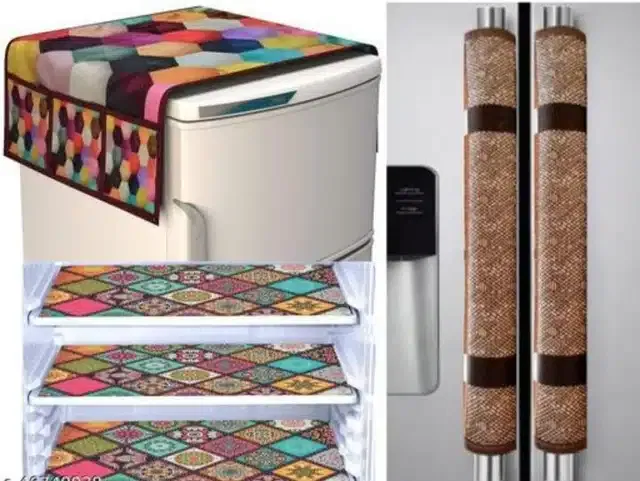 Knit Printed Fridge 3 Pcs Mat with 2 Pcs Handle & Top Cover (Multicolor, Set of 1)