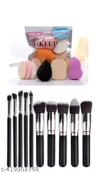 10 Piece Premium Makeup Brushes Set + 6 Piece Makeup Sponges (Black) (Pack Of 11)