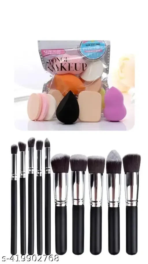 10 Piece Premium Makeup Brushes Set + 6 Piece Makeup Sponges, Black, Pack Of 11
