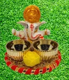 Metal Decorative Ganpati Haldi Kumkum Stand with 2 Roli Chawal Holder, Multicolor