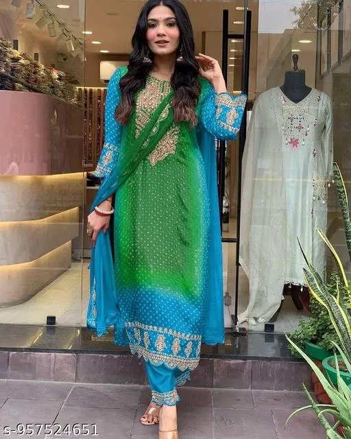 Salwar Suit With Print Embroidery and Dupatta for Women (Green, M)