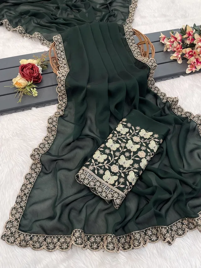 Chiffon Woven Design Saree for Women (Bottle Green, 6.3 m)