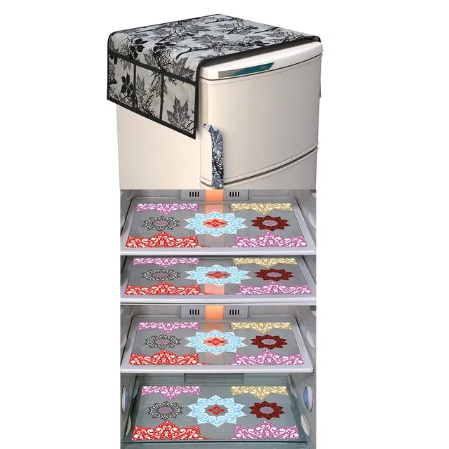 PVC Fridge Top Cover with 4 Pcs Shelf Mat (Multicolor, Set of 5)
