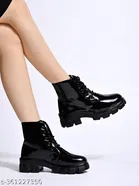 Shoetopia Solid Patent Leather Block Heel Boots Black 