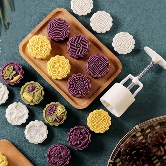 Plastics Moon Cake Moulds With 5 Press Stamps, Multicolour, Set of 1