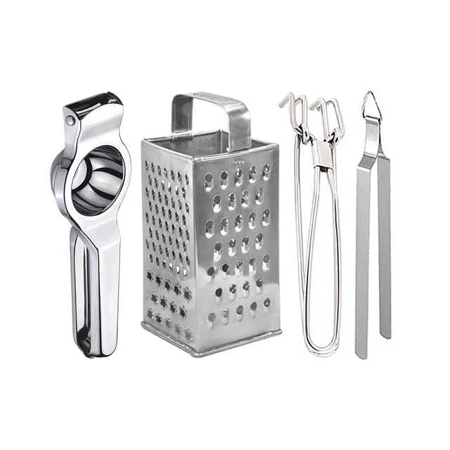 Oc9 Stainless Steel Lemon Squeezer & 4 in 1 Grater Or Slicer & Utility Pakkad & Roti Chimta Kitchen Tool Set (O-66)