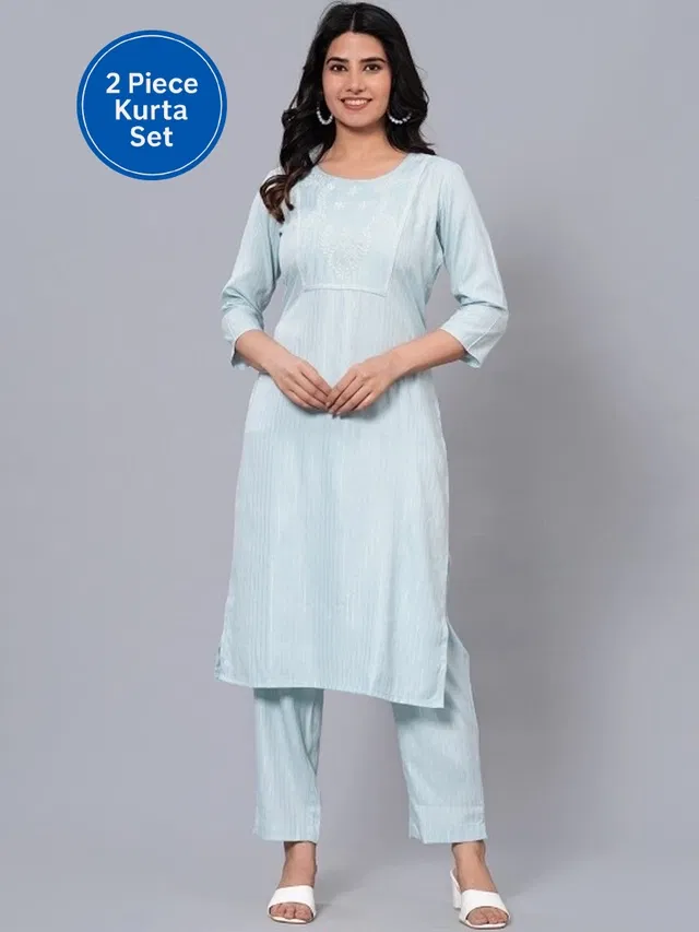 Rayon Printed Women's Kurta with Pant Set (Blue, XXL)