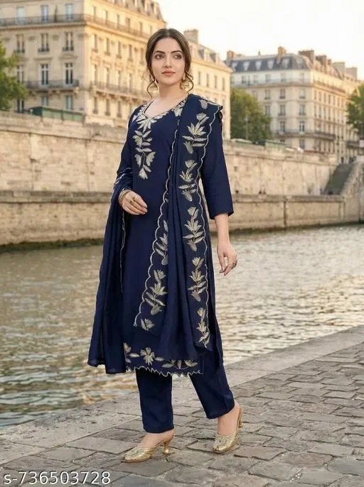 Rayon embroidered Kurta Set for Women ( Beige ,M)