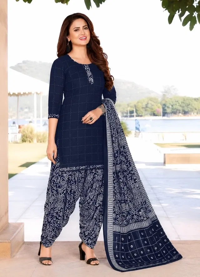 Floral Crepe Punjabi Suit Material for Women (Blue, Blue)