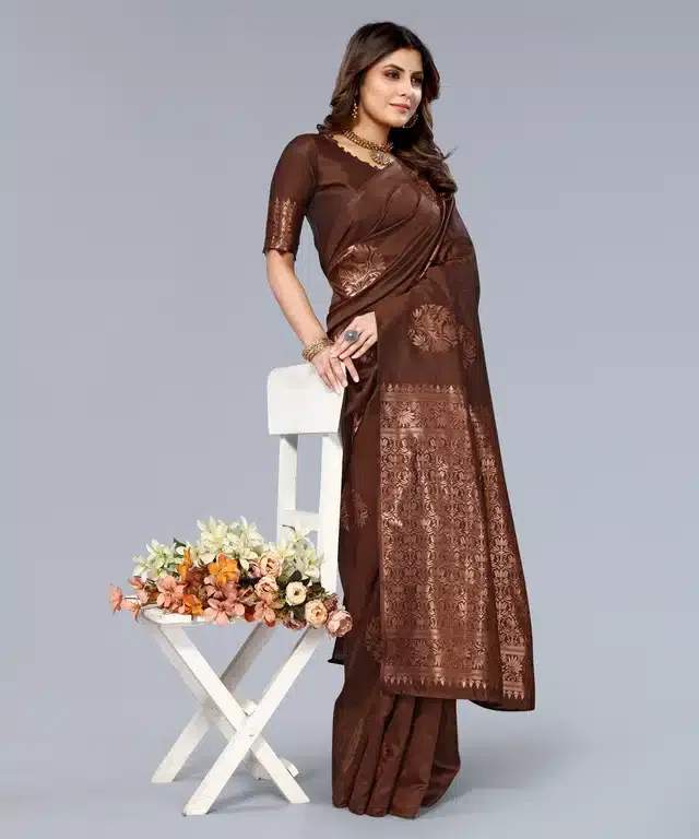 Banarasi Silk Saree for Women (Brown, 6 m)