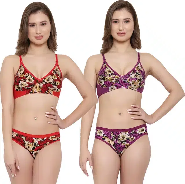 Cotton Blend Lingerie Set for Women (Red & Purple, 34) (Set of 2)