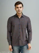 Cotton Blend Checked Shirts for Men, Brown 
