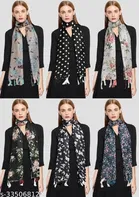 Printed Chiffon Scarves with Tassels for Women, Multicolor, Pack of 6