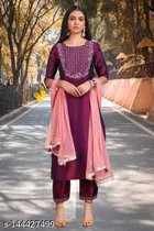 Rayon Embroidered Kurta with Pant & Dupatta for Women 