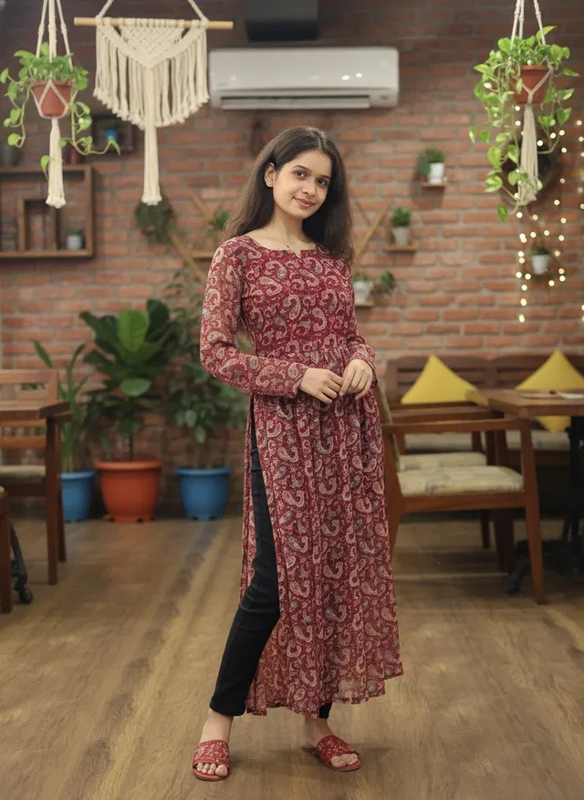 Kalamkari print Naira Kurti for Women (Maroon, M)