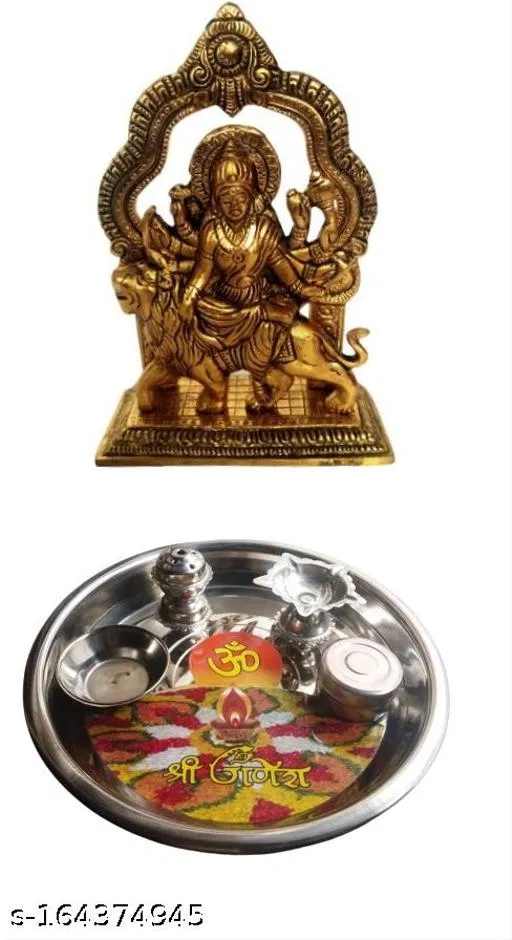 Durga Murti with Pooja Thali, Silver, Pack of 2