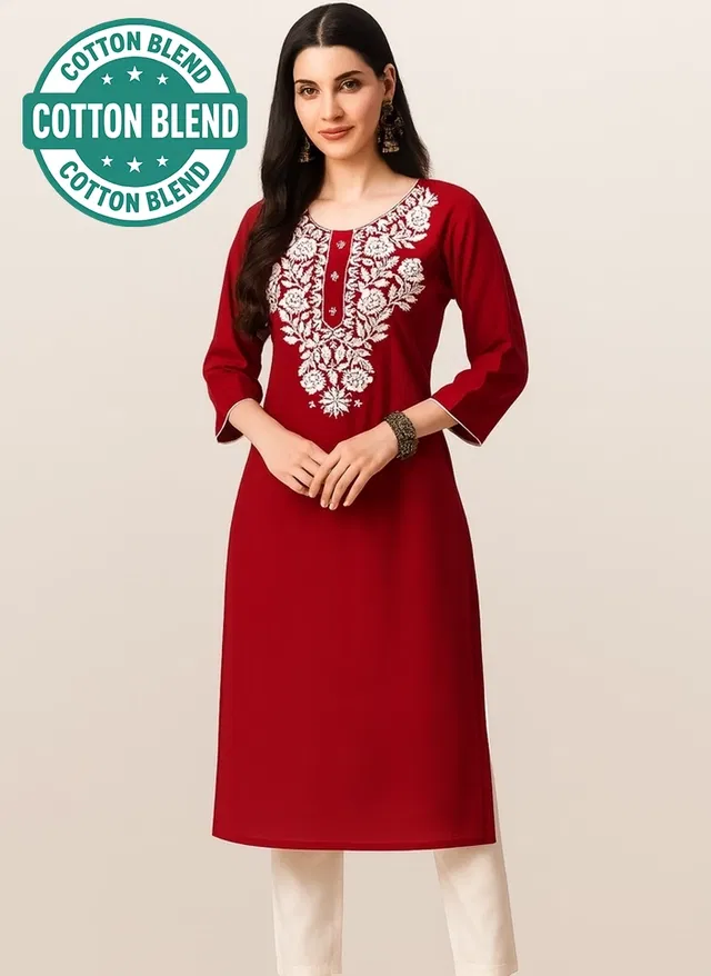 Cotton Embroidered Kurti for Women (Maroon, S)