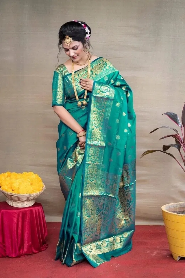 Jacquard Zari Woven Saree for Women (Teal, 6.3 m)