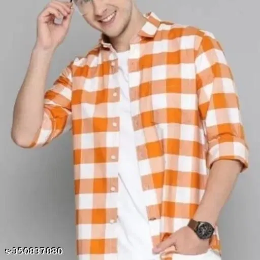 Cotton Checked Shirt for Men, Orange (XS)