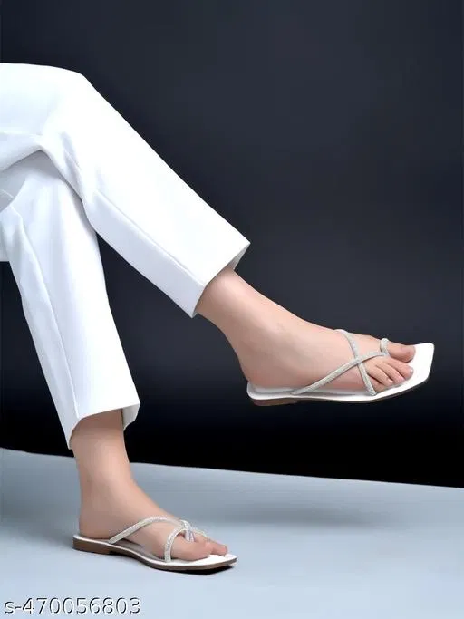 Embellished Synthetic Flat Sandals for Women (White, IND-9)