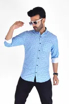 Cotton Blend Printed Shirt for Men, Blue 