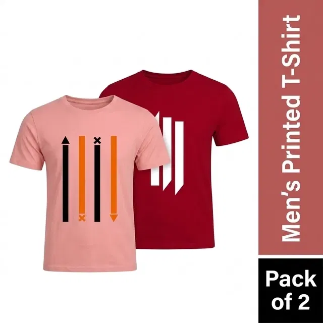 Men's Round Neck Printed T-Shirts - Pack of 2, Peach & Red, M