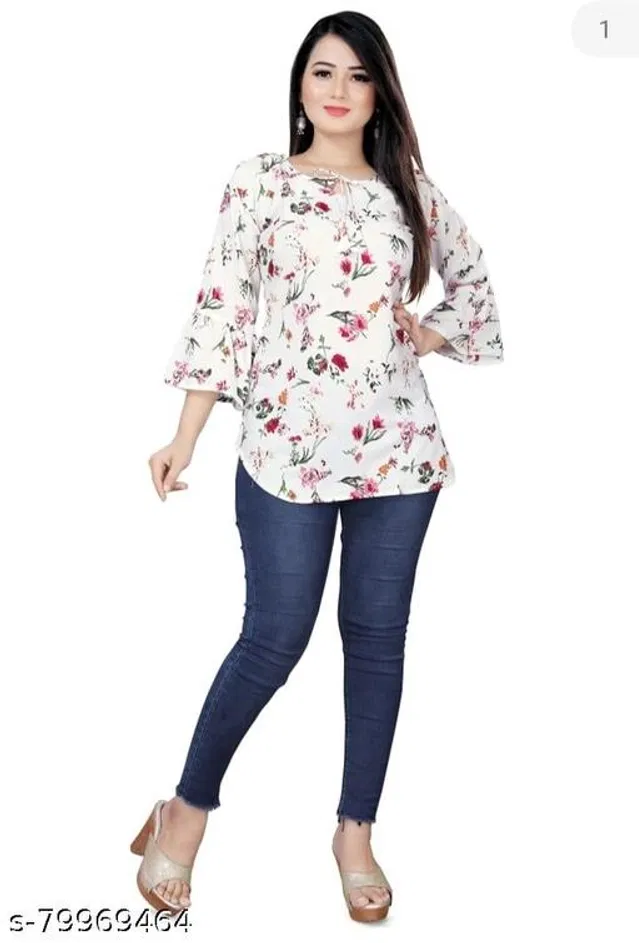 Three-Quarter Sleeves Top for Women (White, XXL)