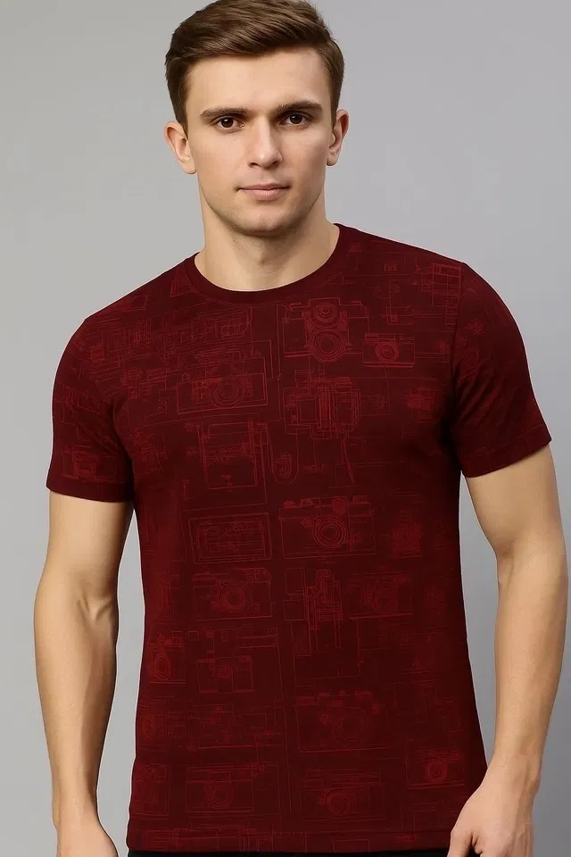 Round Neck Printed T-Shirt for Men (Maroon, M)