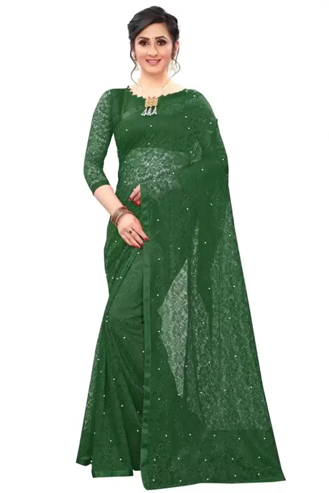 Net Solid Saree for Women (Green, 6.3 m)