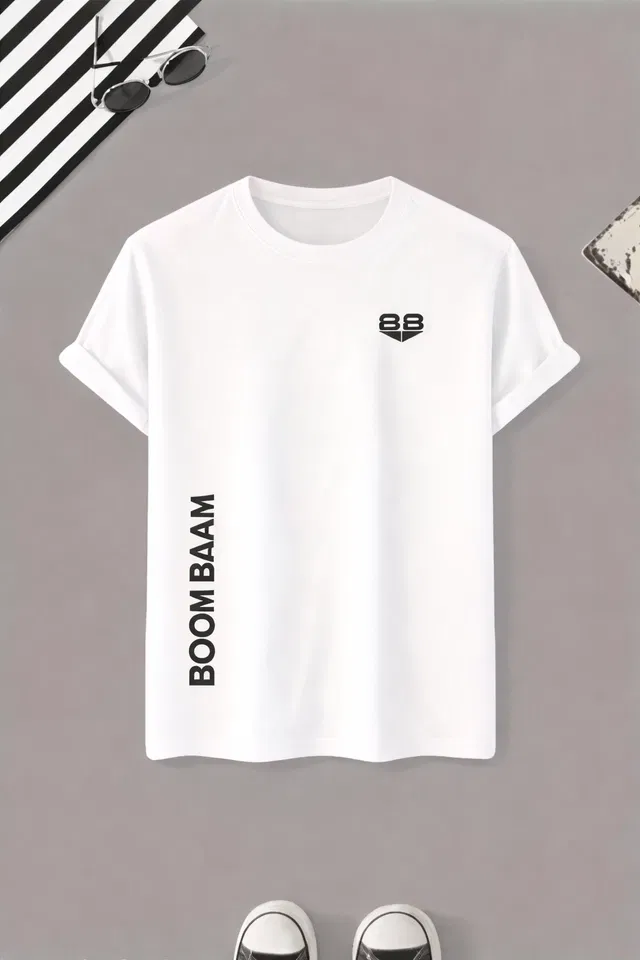 Polyester Printed Round Neck T-shirt for Men, White (XXL)