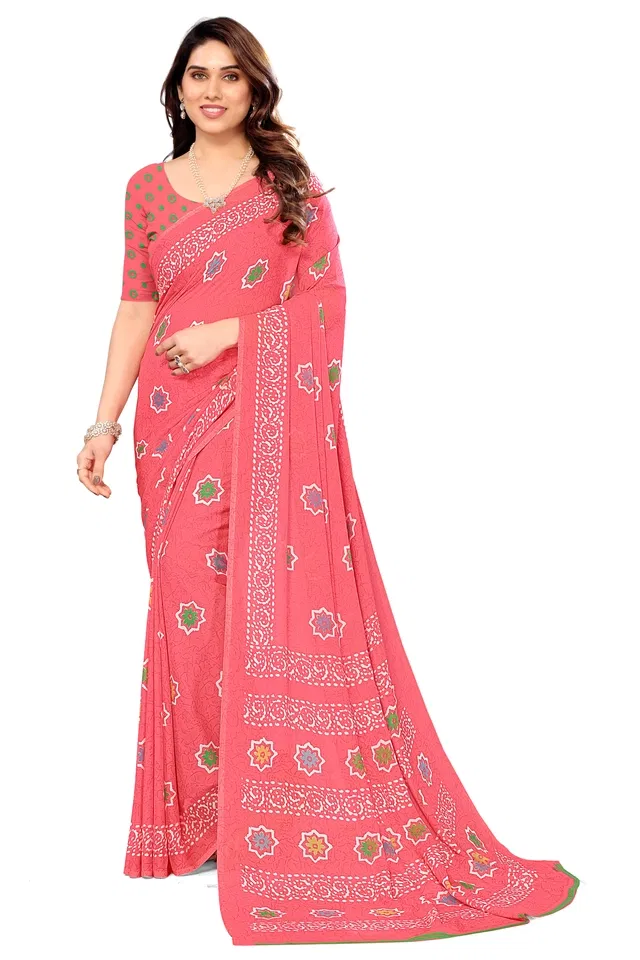 Georgette Printed Saree for Women (Pink, 6.3 m)