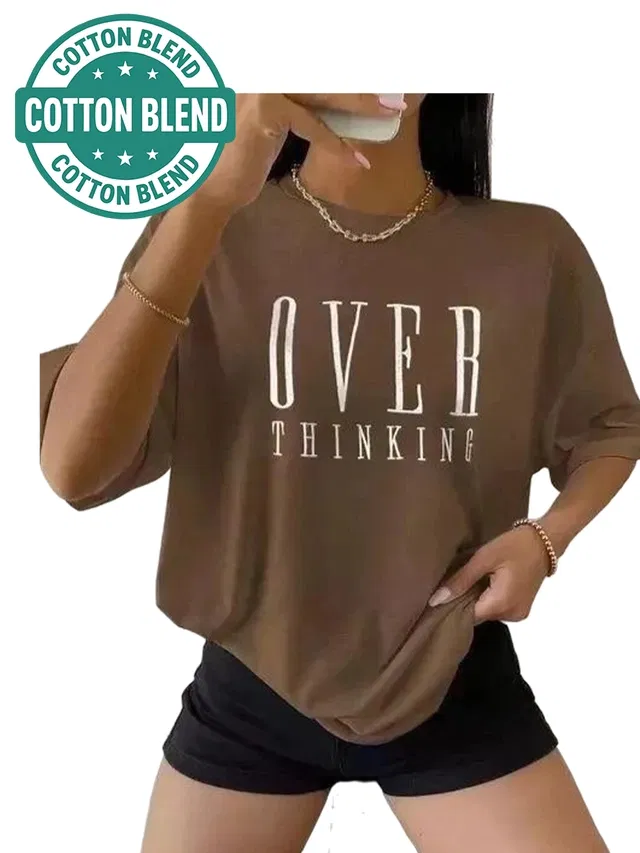Round Neck Printed T-Shirt for Women (Brown, S)