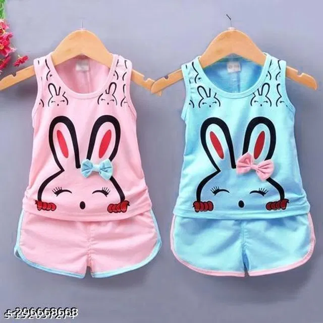 Hosiery Cotton Clothing Set for Girls (Pink & Sky Blue, 3-6 Months) (Pack of 2)