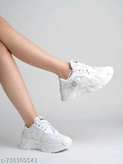 Solid Synthetic Slip-on Sneakers for Women (White, IND-4)