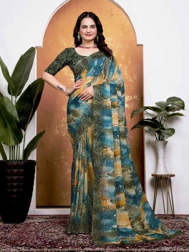 Georgette Printed Saree for Women (Teal, 6.3 m)