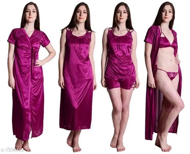 Satin Nightdress Set for Women (Purple, L)