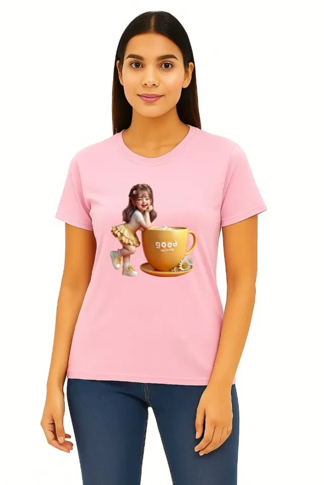 Cotton Blend Printed T-shirt for Women, Pink (S)