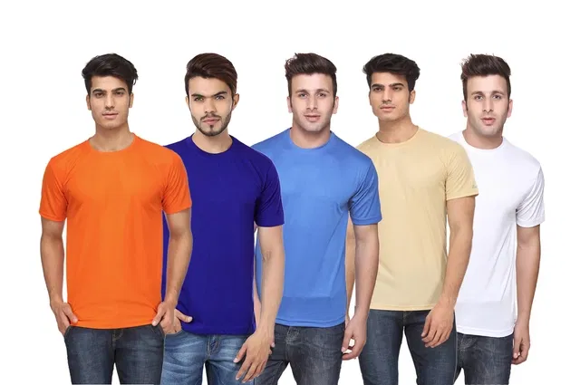 Round Neck Solid Polyester T-shirts for Men, Pack of 5 (Multi, M)