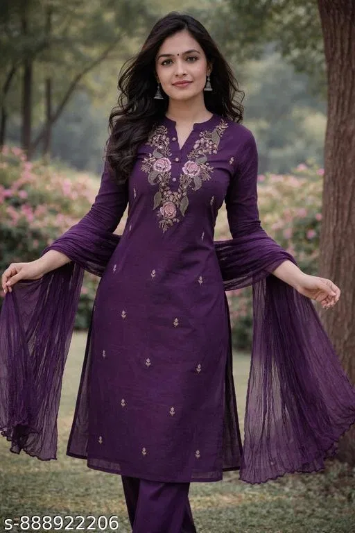 Floral Embroidered Cotton Blend Kurta Pant With Dupatta Set for Women (Purple, XL)