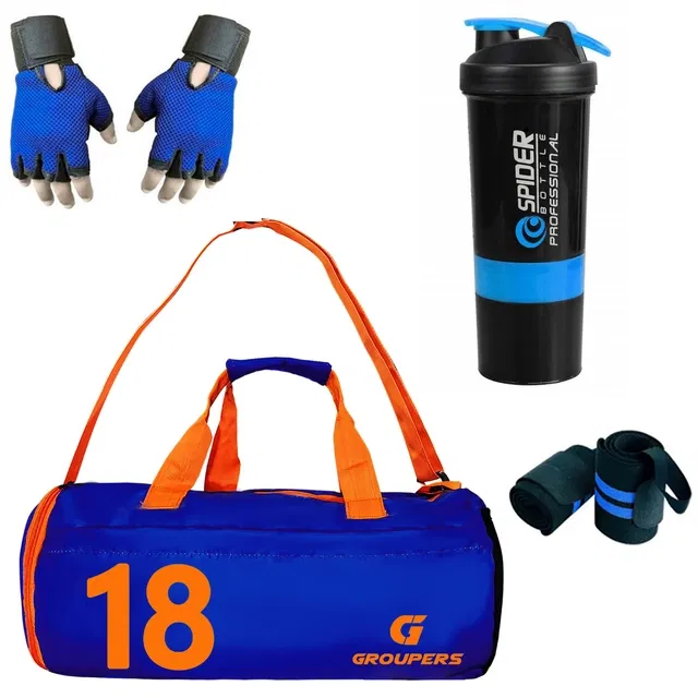 Polyester Printed Gym Bag with 2 Pcs Wristband, Gloves & Shaker Bottle (500 ml) for Men & Women (Multicolor, Set of 1)