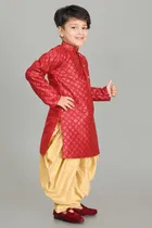 Dupion Silk Printed Kurta with Dhoti for Boys, Maroon & Golden 