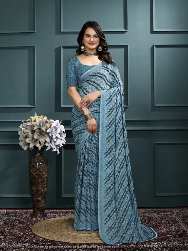 Georgette Printed Saree for Women (Grey, 6.3 m)