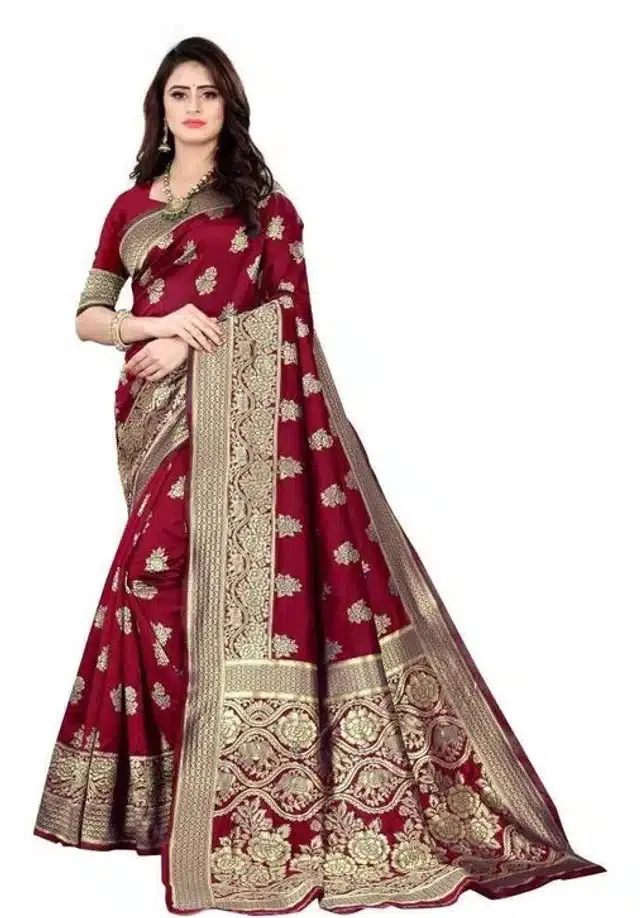 Jacquard Foil Printed Saree for Women (Maroon, 6.3 m)