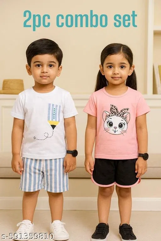 Hosiery Cotton Printed Clothing Set for Kids, Multicolor, Pack of 2 (8-9 Years)